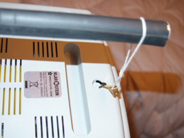 Photograph of Klarstein seasonal affective disorder lamp with picture hook suspending it from photographic light stand.